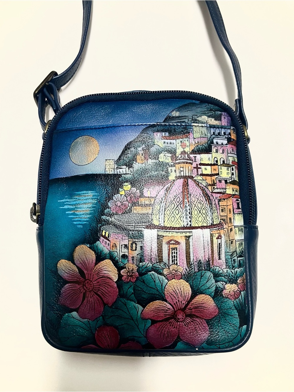 Anuschka Hand-Painted Moonlight Capri - Blue Floral & Coastal Dome Crossbody